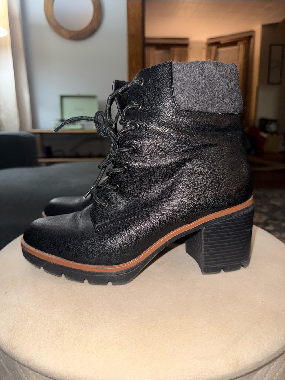 Naturalizer Black Lace-Up Block Heel Combat Boots with Gray Collar